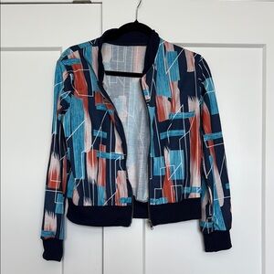 SHEIN Blue and Red Bomber Jacket with Geometric Print